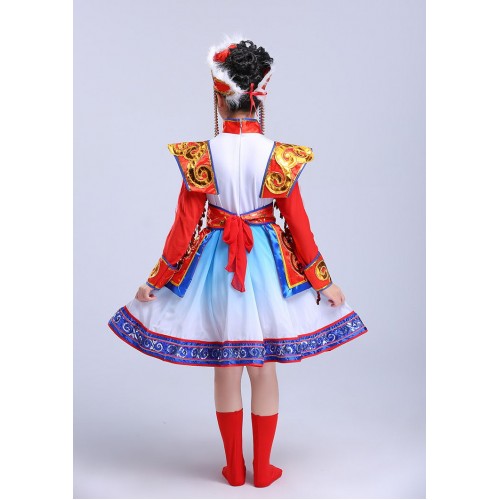 Girls Gold Mongolian Dance Costumes Female Performance cosplay Wear Paillette Skirt Robe Girls Nation Dancing Clothes with Hat
